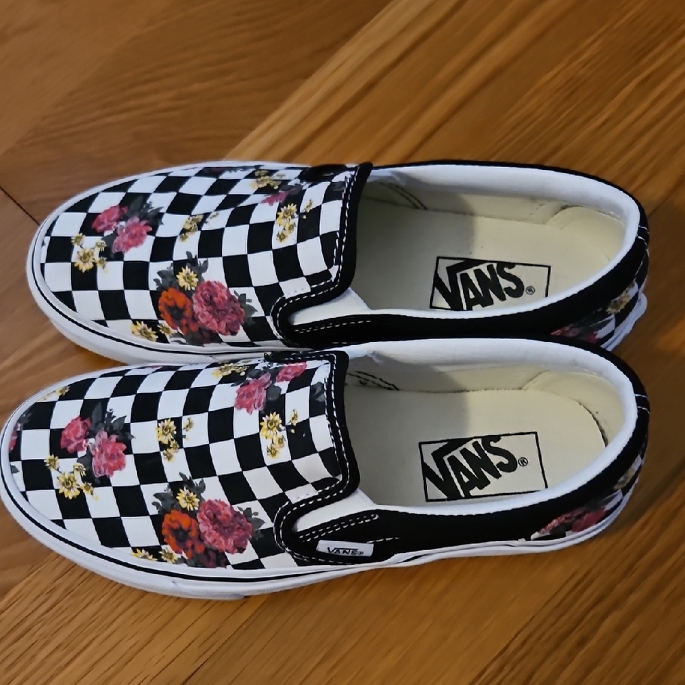 Vans Black and White Floral Check Slip-Ons